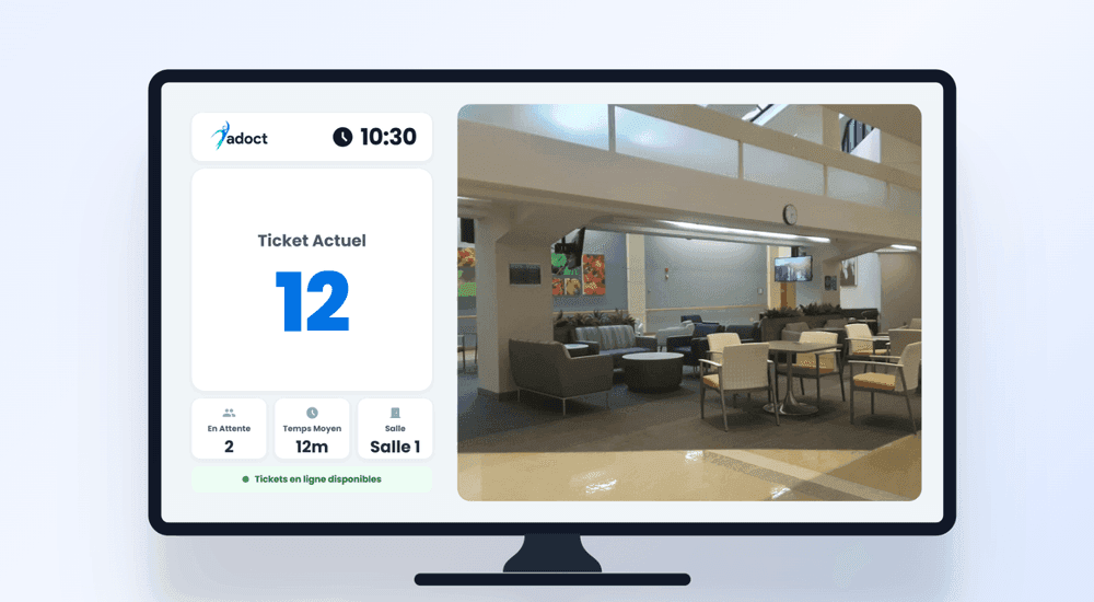 Waiting-room screen: current ticket, waiting, average time, room