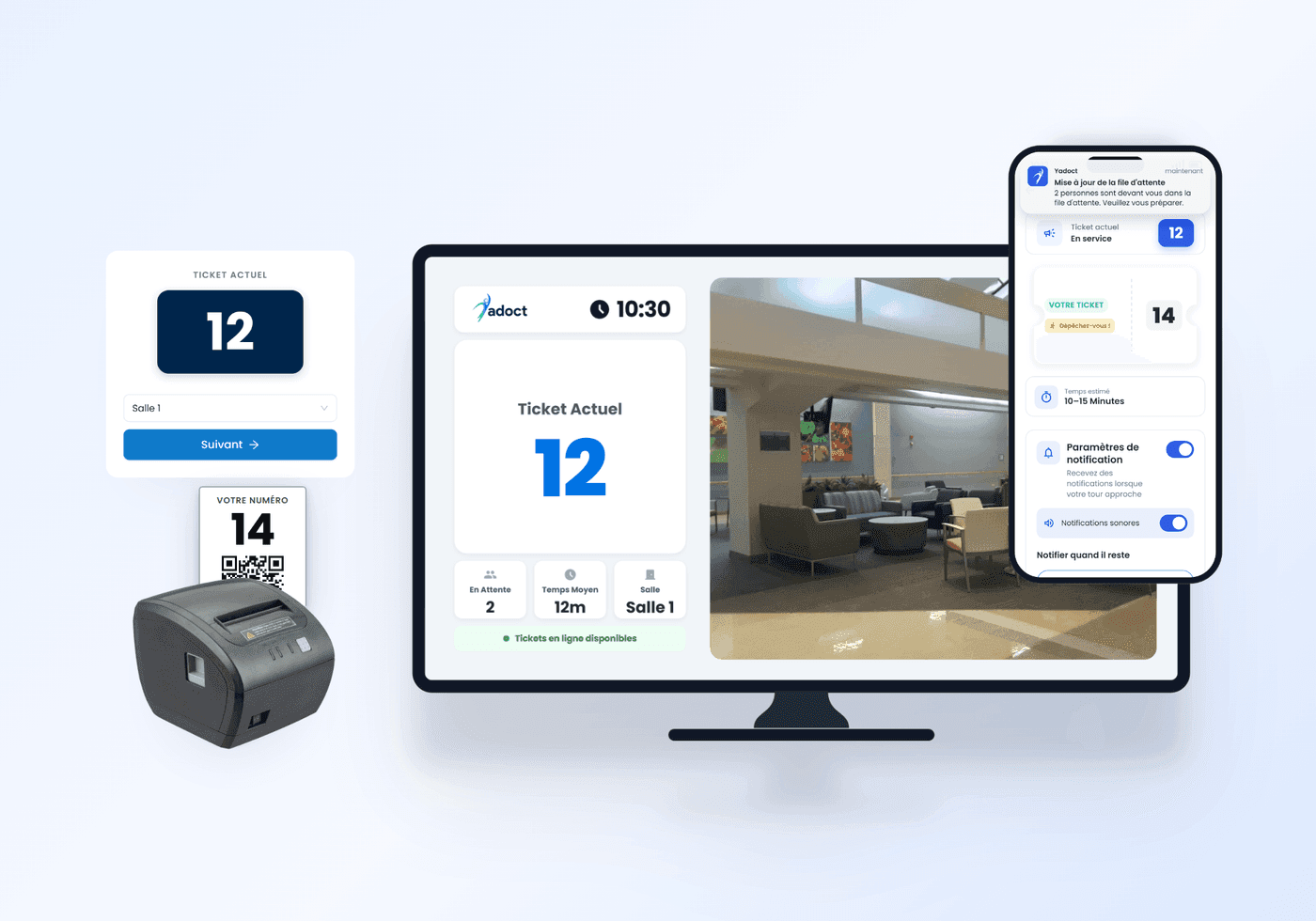 Yadoct queue: waiting-room screen, printed ticket and the patient app